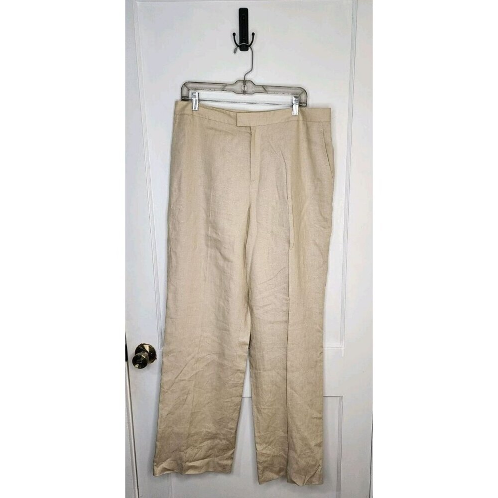 Ellen Tracy Women Size 14 100% Linen Dress Pants Pleated Beige High Rise